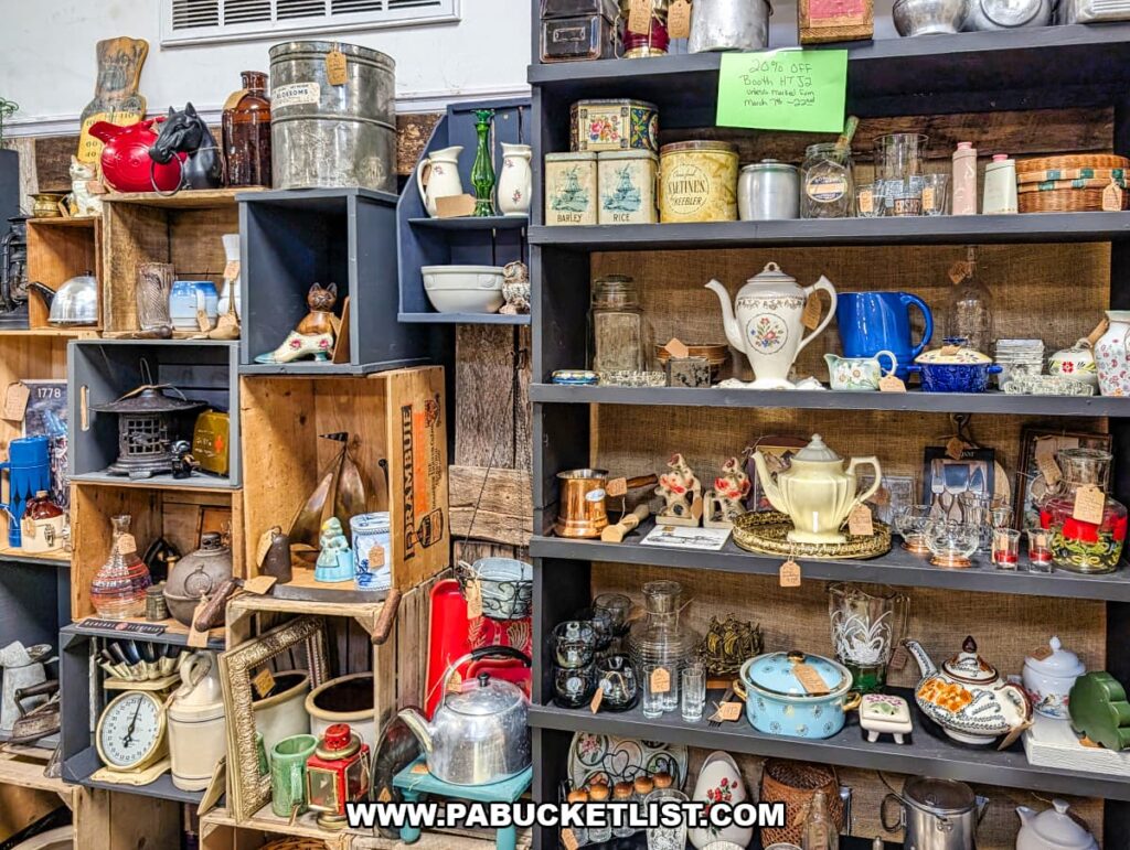 Shelves filled with vintage kitchenware glassware tins and decorative antiques at a vendor booth inside Pen-Mar Antique Market in Waynesboro Pennsylvania