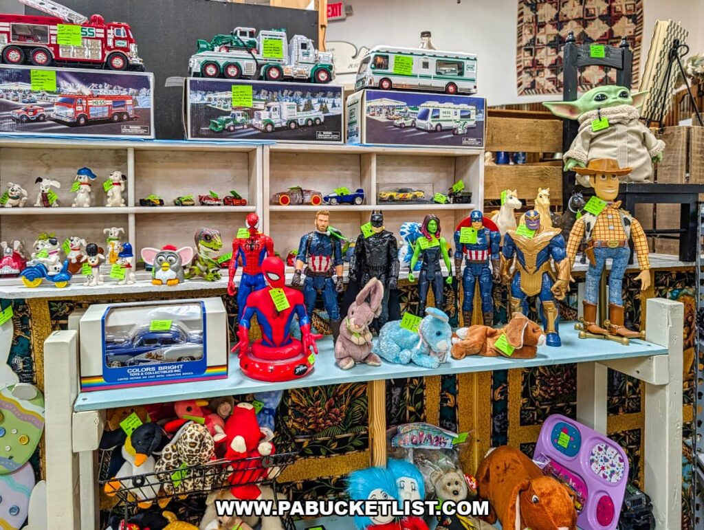 Display of vintage toys action figures stuffed animals and collectible trucks at a vendor booth inside Pen-Mar Antique Market in Waynesboro Pennsylvania