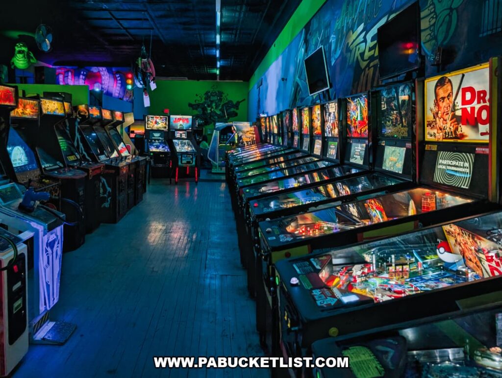 Large collection of pinball machines and classic arcade games inside Timeline Arcade in York County Pennsylvania with colorful retro lighting