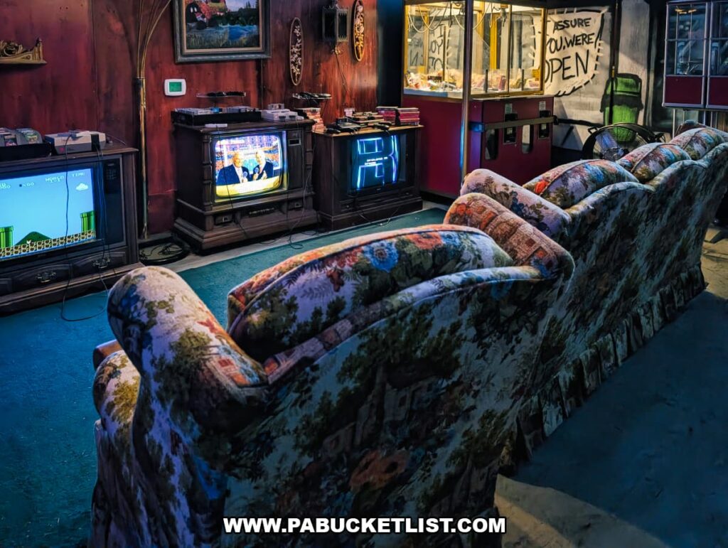 Retro gaming lounge at Timeline Arcade in York County Pennsylvania with vintage televisions, classic game consoles, and couches for relaxed gameplay