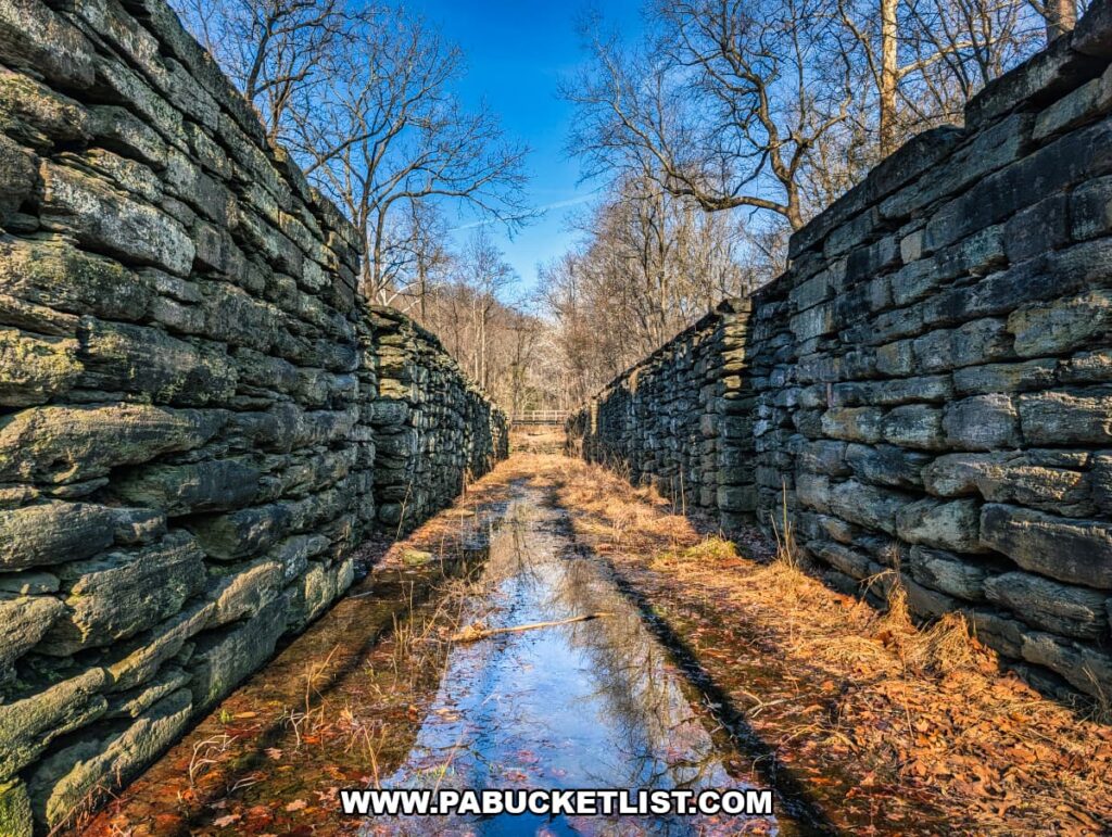 Interior view of the stone walls of Lock 12 along the Susquehanna and Tidewater Canal at the Lock 12 Historic Area in York County, Pennsylvania.