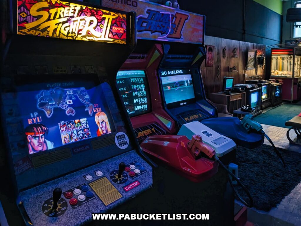 Street Fighter II and Time Crisis arcade machines at Timeline Arcade in York County Pennsylvania featuring classic fighting and light gun games