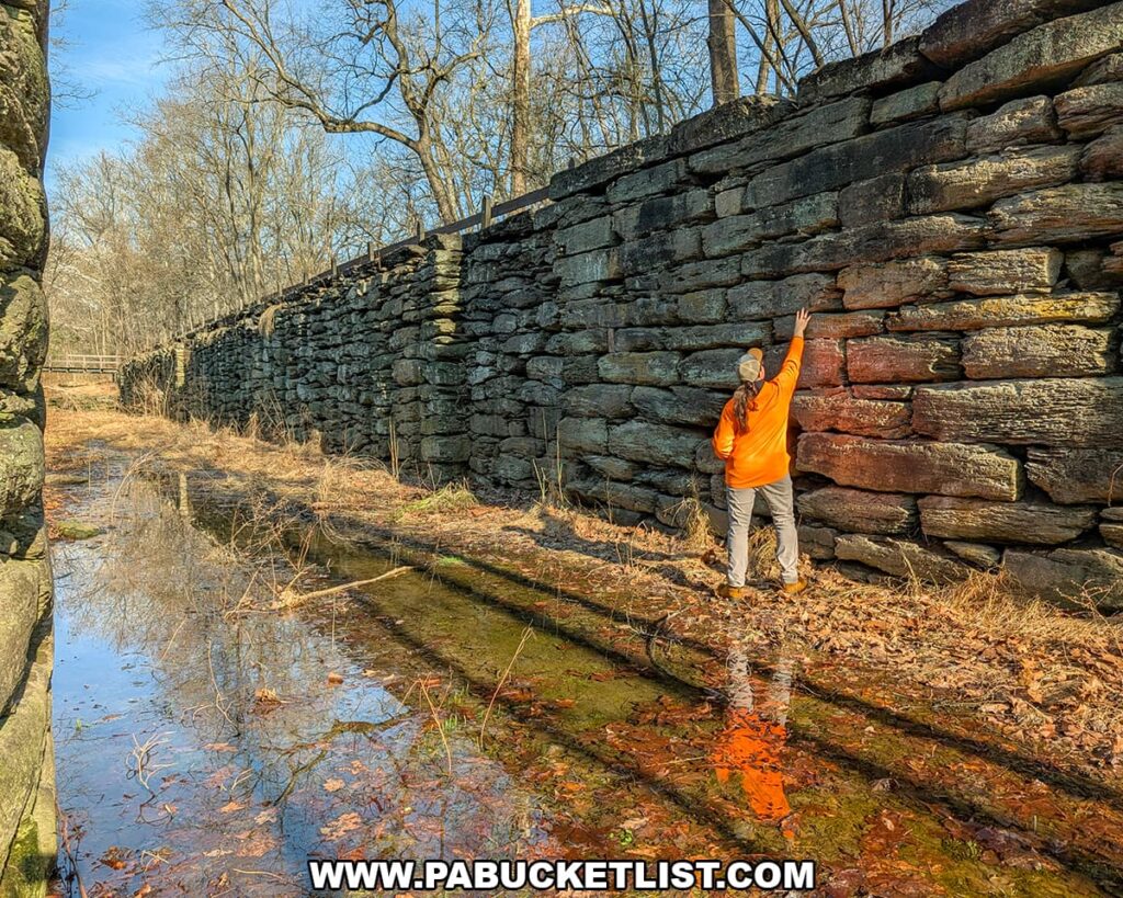 Visitor standing beside the stone walls of Lock 12 along the historic Susquehanna and Tidewater Canal at the Lock 12 Historic Area in York County, Pennsylvania.