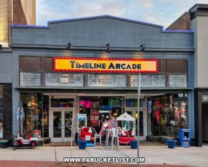 Exterior view of Timeline Arcade in York County Pennsylvania featuring the retro arcade entrance with classic arcade rides and over 300 games inside for hourly play