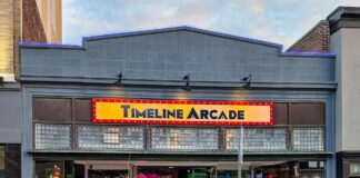 Exterior view of Timeline Arcade in York County Pennsylvania featuring the retro arcade entrance with classic arcade rides and over 300 games inside for hourly play