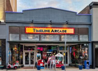 Exterior view of Timeline Arcade in York County Pennsylvania featuring the retro arcade entrance with classic arcade rides and over 300 games inside for hourly play