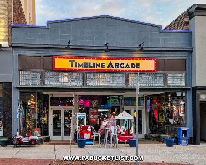 Exterior view of Timeline Arcade in York County Pennsylvania featuring the retro arcade entrance with classic arcade rides and over 300 games inside for hourly play
