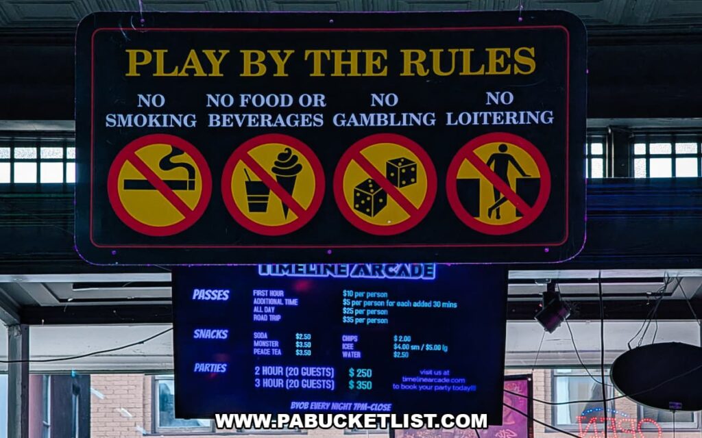 Play by the Rules sign inside Timeline Arcade in York County Pennsylvania listing arcade rules such as no smoking, no food or beverages, no gambling, and no loitering