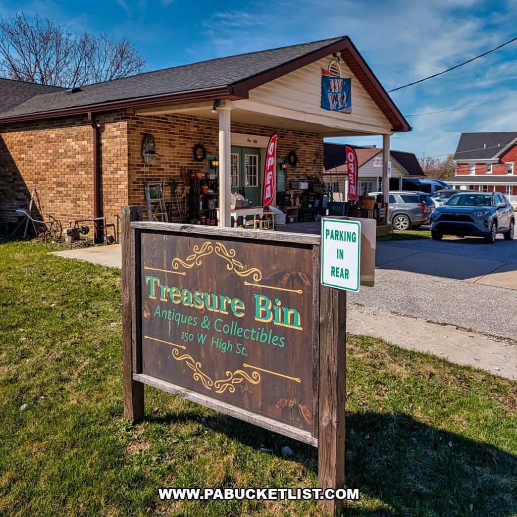 Exterior view of Treasure Bin Antiques and Collectibles storefront and sign in Red Lion, York County, Pennsylvania