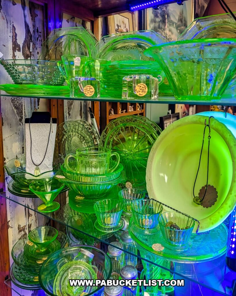 Display of glowing green uranium glass dishes, bowls, and serveware under blacklight at Treasure Bin Antiques in Red Lion, York County, Pennsylvania