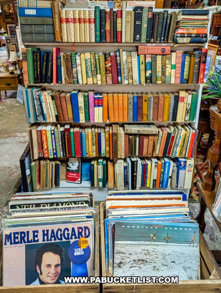 Shelves of vintage books and bins of vinyl records for sale at Treasure Bin Antiques in Red Lion, York County, Pennsylvania