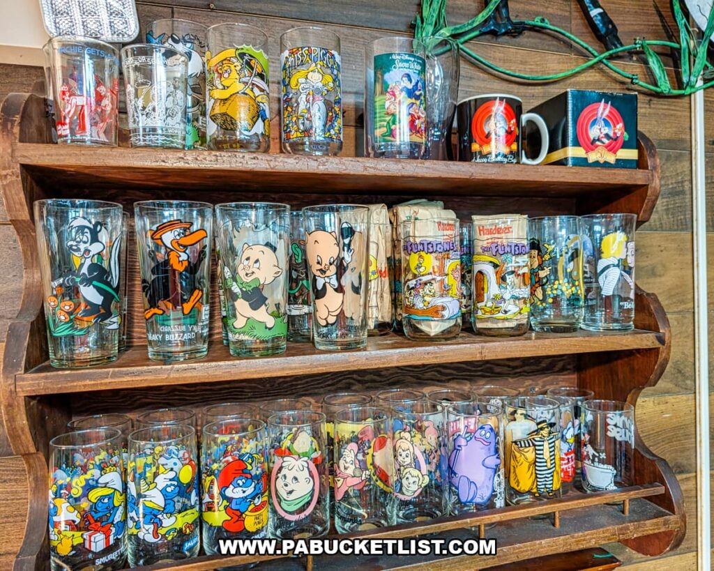 Display of vintage cartoon character drinking glasses featuring Looney Tunes, Flintstones, and Smurfs at Treasure Bin Antiques in Red Lion, York County, Pennsylvania