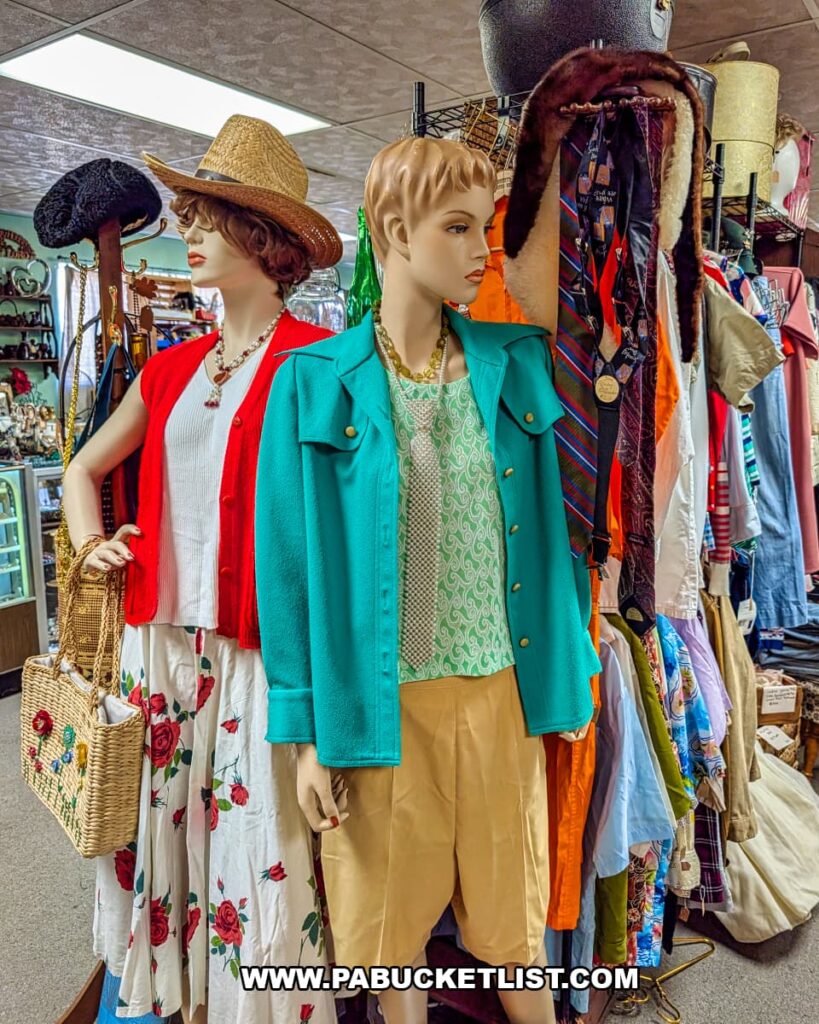 Mannequins modeling vintage clothing and accessories inside Treasure Bin Antiques in Red Lion, York County, Pennsylvania