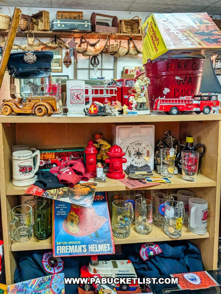 Display of vintage firefighter memorabilia including toy fire trucks, mugs, helmets, and collectibles at Treasure Bin Antiques in Red Lion, York County, Pennsylvania