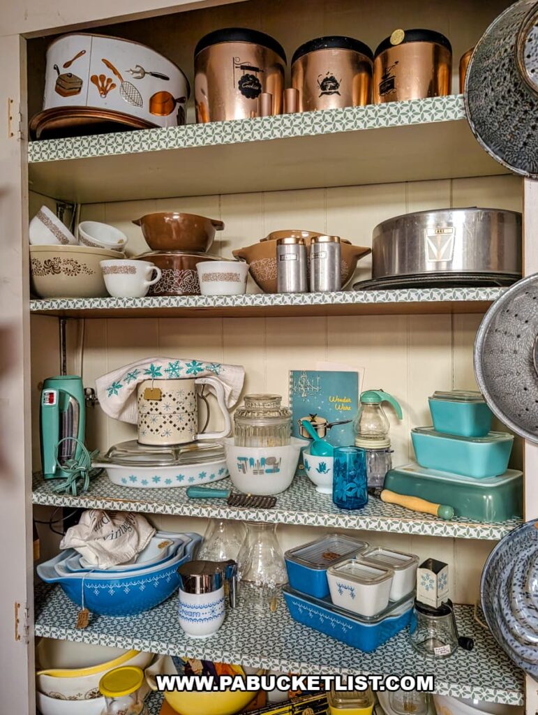Display of vintage Pyrex, mixing bowls, and retro kitchenware at Treasure Bin Antiques in Red Lion, York County, Pennsylvania