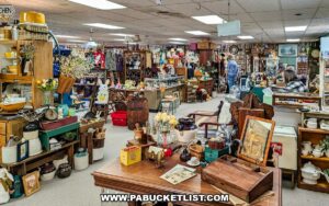 Wide interior view of vendor booths filled with antiques, furniture, and collectibles at Treasure Bin Antiques in Red Lion, York County, Pennsylvania