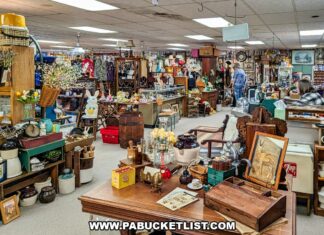 Exploring Treasure Bin Antiques in York County Wide interior view of vendor booths filled with antiques, furniture, and collectibles at Treasure Bin Antiques in Red Lion, York County, Pennsylvania