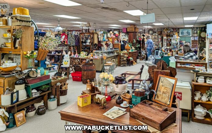 Wide interior view of vendor booths filled with antiques, furniture, and collectibles at Treasure Bin Antiques in Red Lion, York County, Pennsylvania