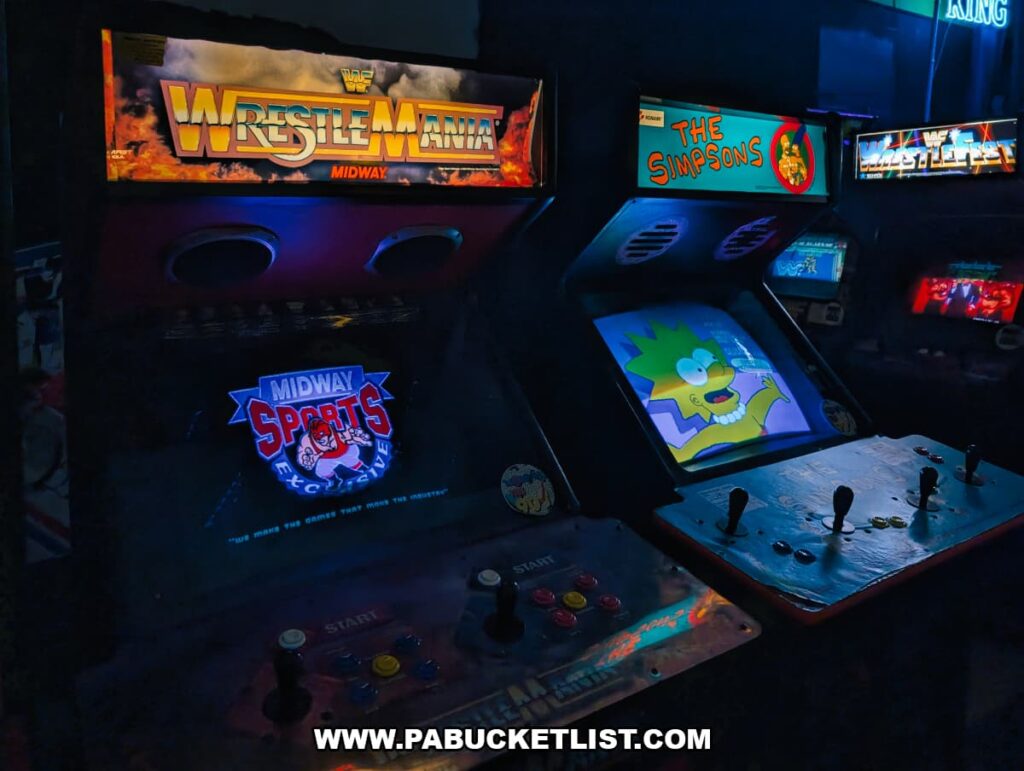 WrestleMania and The Simpsons arcade machines inside Timeline Arcade in York County Pennsylvania featuring classic multiplayer arcade games