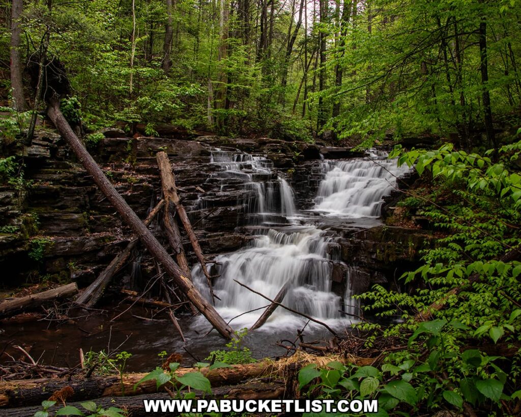 Jarrett Falls cascading over layered rock ledges on Roaring Run in State Game Lands 53 in Fulton County, Pennsylvania