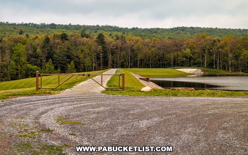Entrance road and dam at State Game Lands 53 near the Jarrett Trail in Fulton County, Pennsylvania