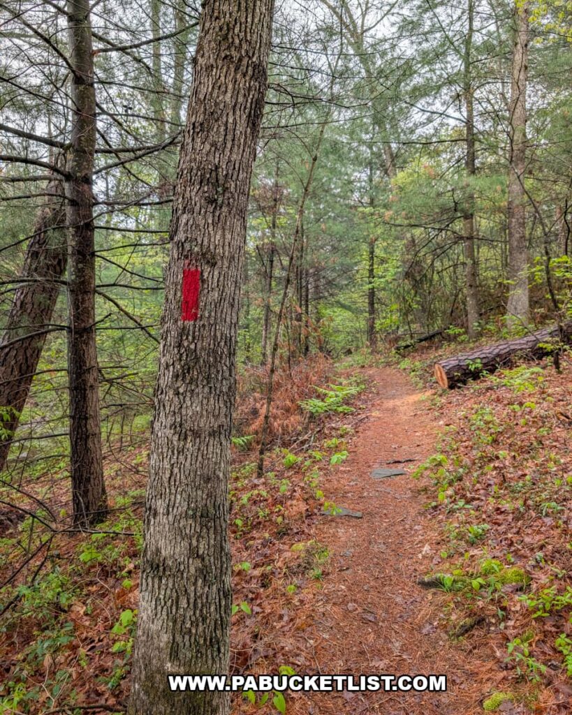 Red blaze trail marker along the Jarrett Trail on State Game Lands 53 in Fulton County, Pennsylvania