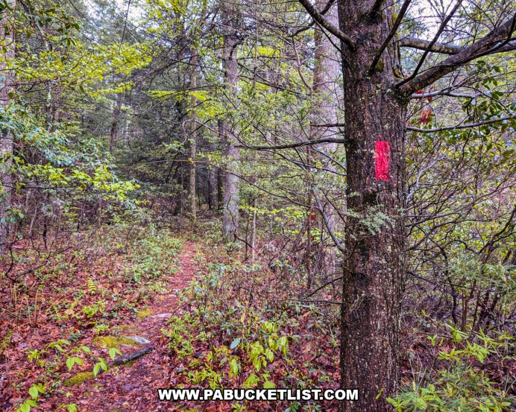 Red-blazed section of the Jarrett Trail winding through the forest on State Game Lands 53 in Fulton County, Pennsylvania
