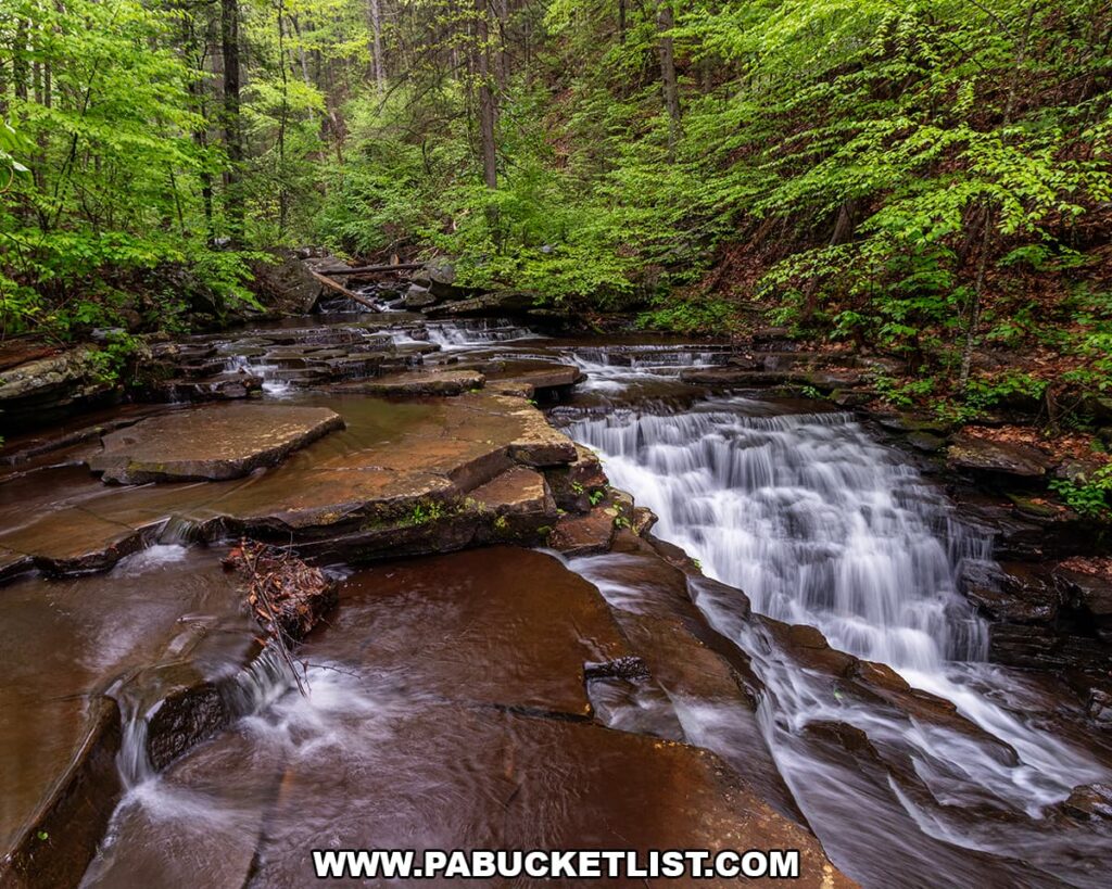 Left side view of Jarrett Falls cascading over broad layered rock shelves on Roaring Run in Fulton County, Pennsylvania