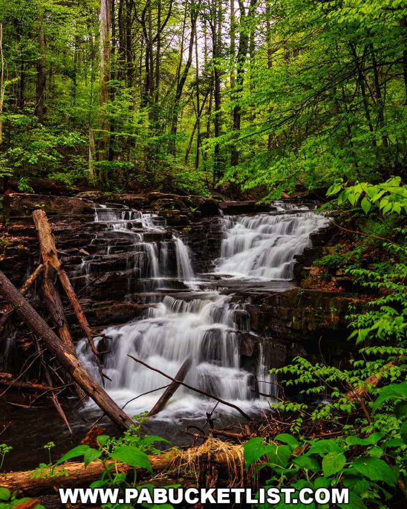 Jarrett Falls surrounded by lush spring foliage on Roaring Run in State Game Lands 53 in Fulton County, Pennsylvania