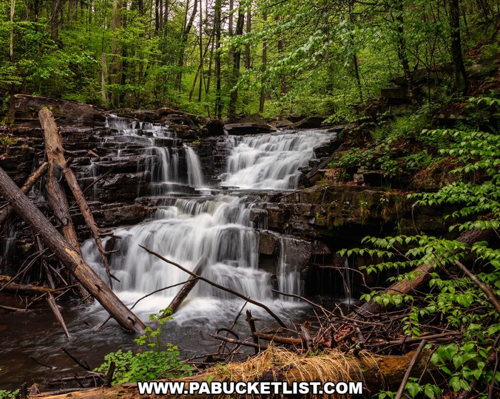 Jarrett Falls flowing over tiered rock ledges on Roaring Run in State Game Lands 53 in Fulton County, Pennsylvania