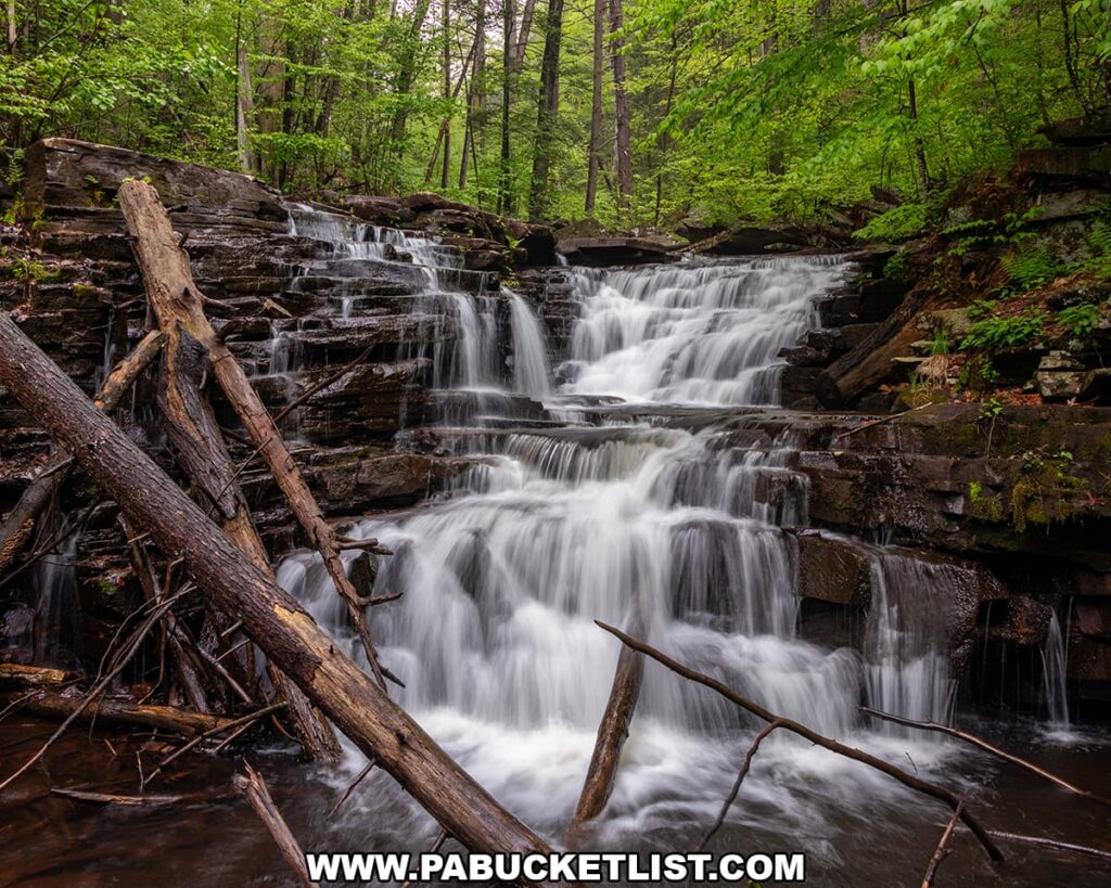 Close-up view of Jarrett Falls cascading down tiered rock ledges on Roaring Run in Fulton County, Pennsylvania