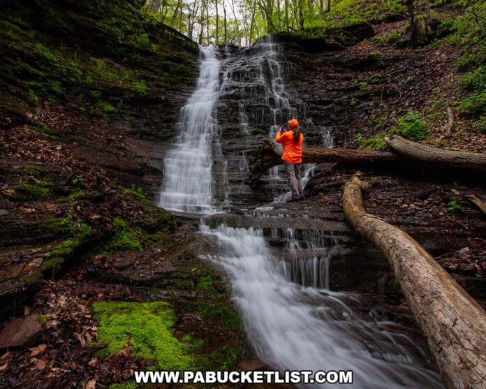 Photographer standing beside Rail Island Run Falls as the 20-foot-tall waterfall cascades over layered rock ledges in Tioga County, Pennsylvania.