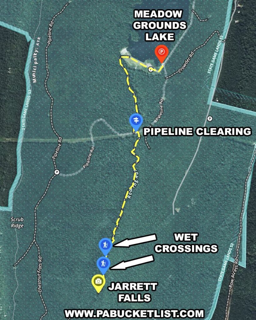Trail map to Jarrett Falls on State Game Lands 53 in Fulton County, Pennsylvania.