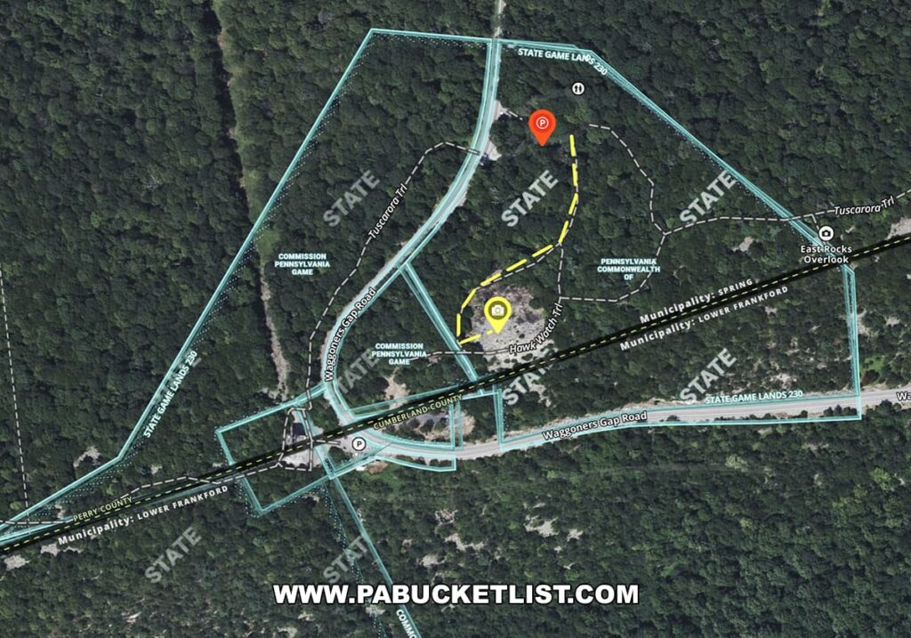 Map showing the trail from parking area to Waggoner's Gap Hawk Watch.