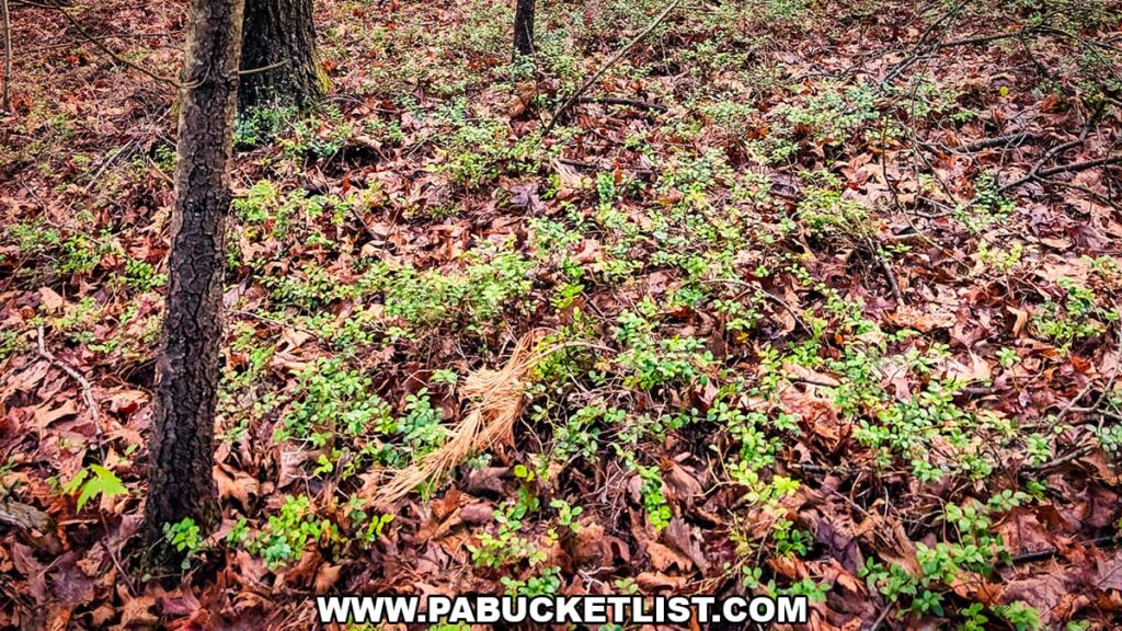 Box huckleberry groundcover spreading across leaf litter on forest floor at Hoverter and Sholl Box Huckleberry Natural Area in Perry County Pennsylvania