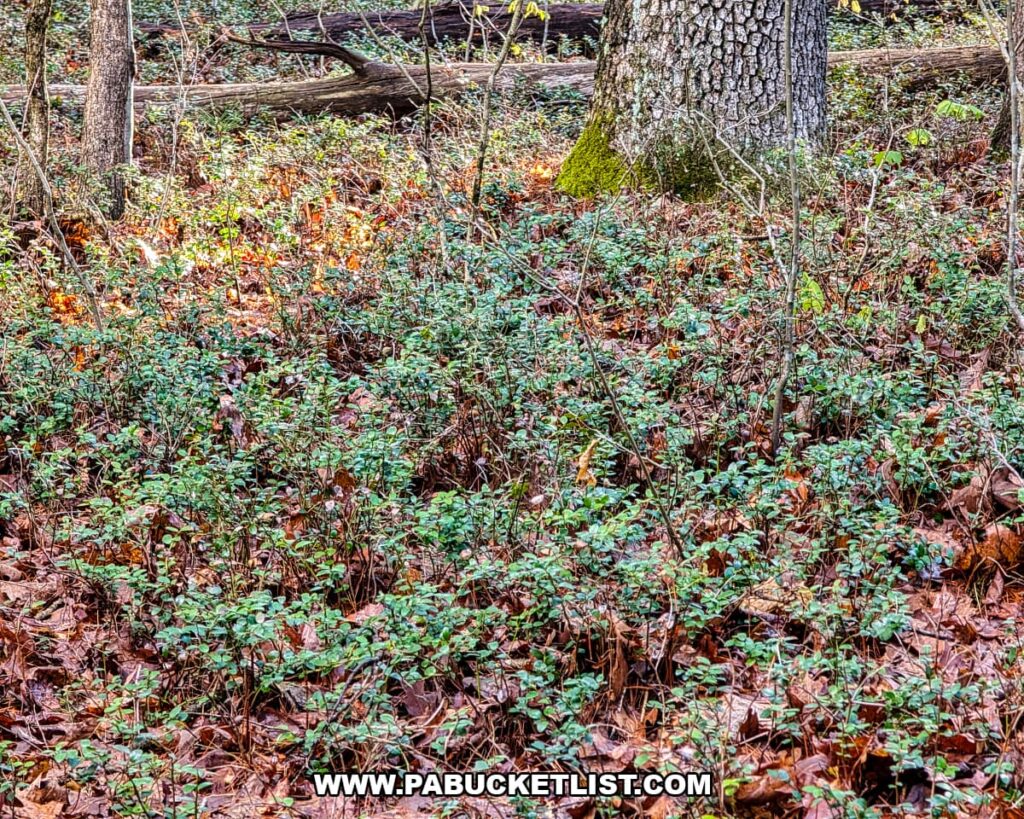 Low-growing box huckleberry plants covering the forest floor at Hoverter and Sholl Box Huckleberry Natural Area in Perry County Pennsylvania.