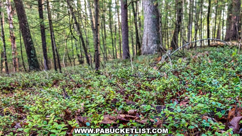 Close view of box huckleberry plants carpeting the forest floor at Hoverter and Sholl Box Huckleberry Natural Area in Perry County Pennsylvania.