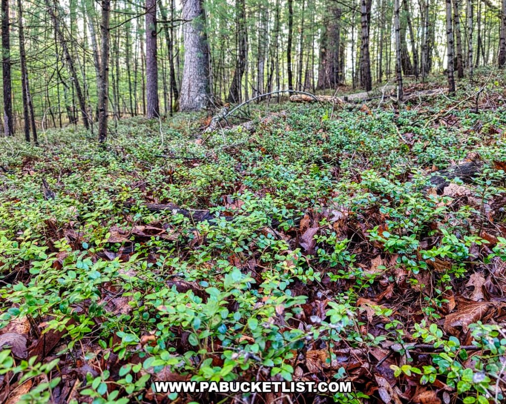 Dense patch of box huckleberry plants covering the forest floor at Hoverter and Sholl Box Huckleberry Natural Area in Perry County Pennsylvania.