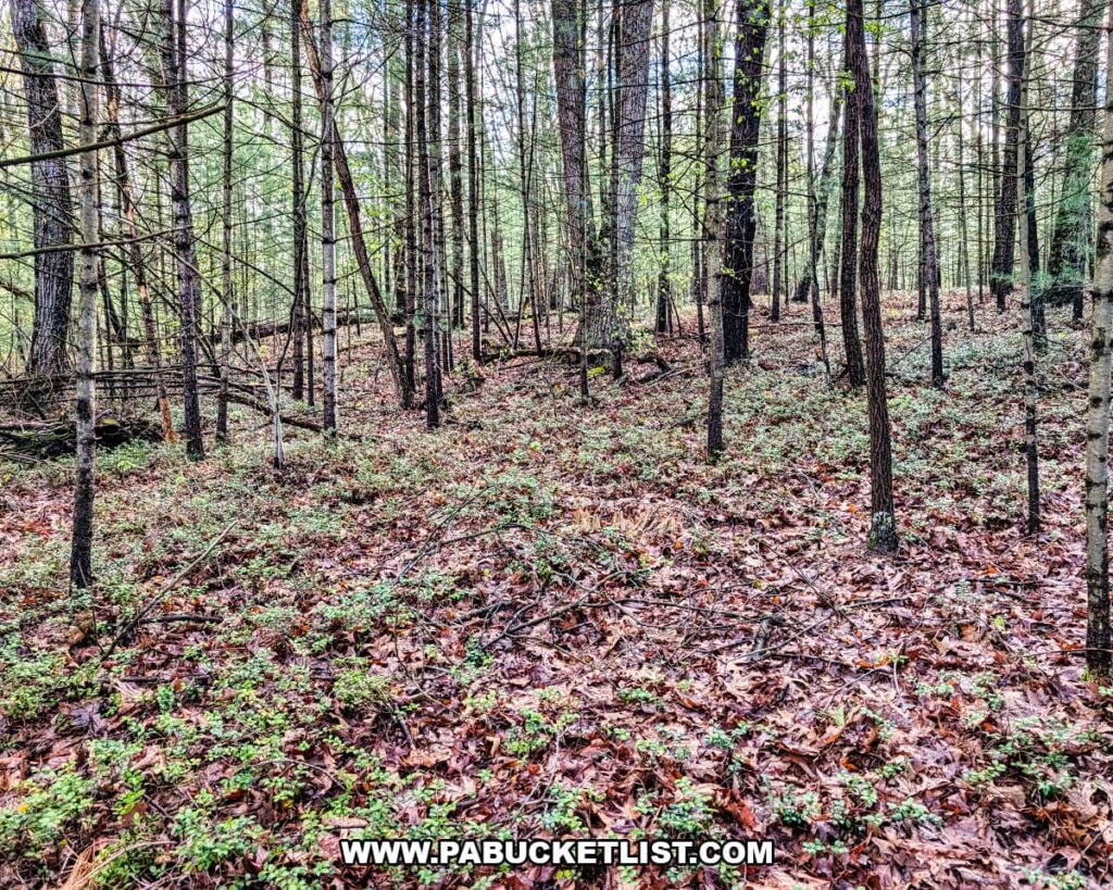 Wide view of forest floor with scattered box huckleberry plants at Hoverter and Sholl Box Huckleberry Natural Area in Perry County Pennsylvania.