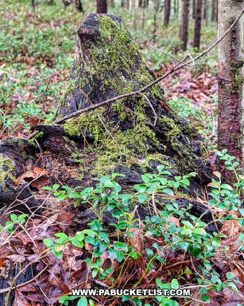 Moss covered tree stump surrounded by box huckleberry plants on the forest floor at Hoverter and Sholl Box Huckleberry Natural Area in Perry County Pennsylvania.