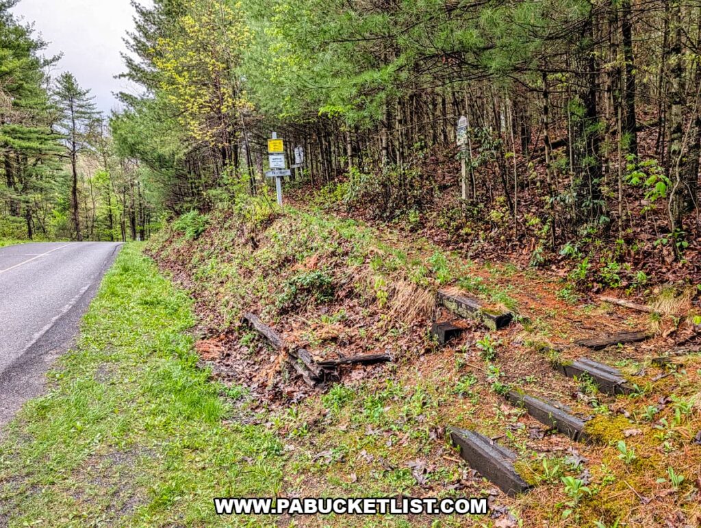 Roadside entrance with wooden steps leading to trail at Hoverter and Sholl Box Huckleberry Natural Area in Perry County Pennsylvania.