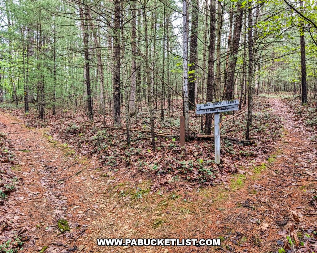 Trail junction with box huckleberry nature trail sign in forest at Hoverter and Sholl Box Huckleberry Natural Area in Perry County Pennsylvania.