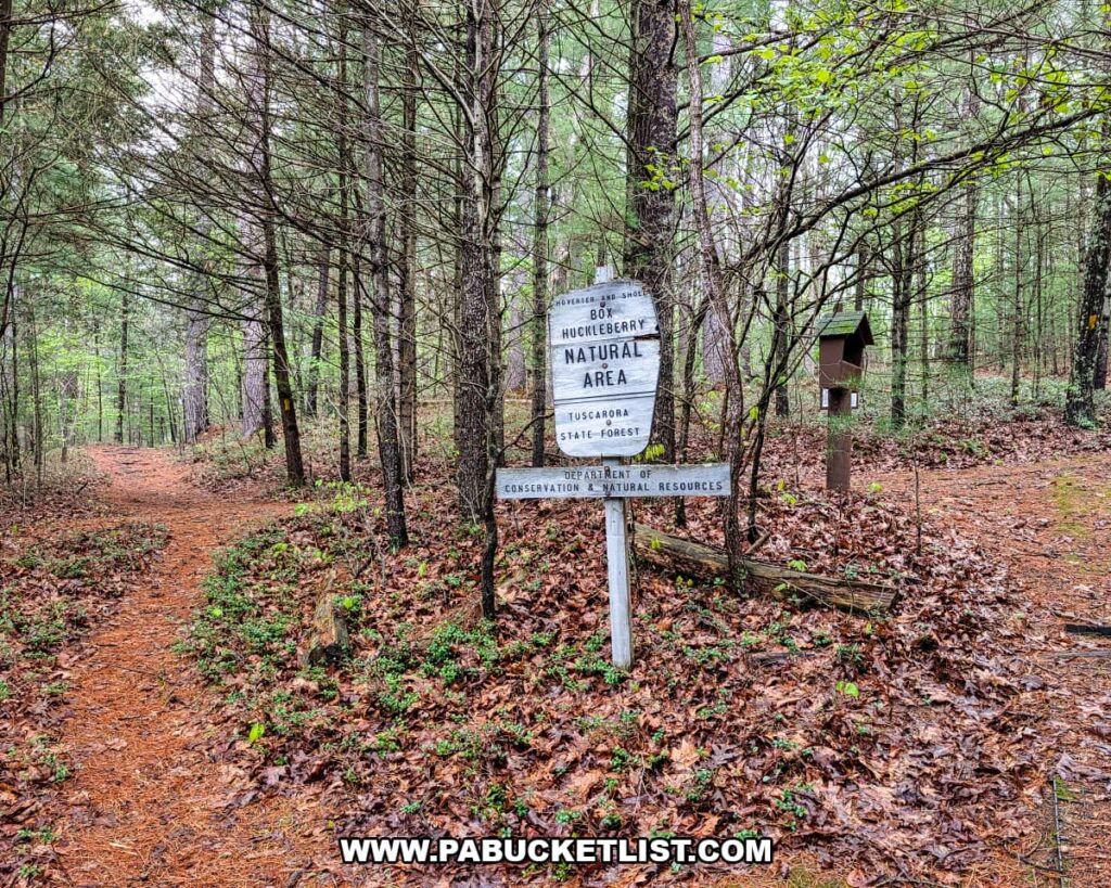 Trailhead sign at forest junction for Hoverter and Sholl Box Huckleberry Natural Area in Perry County Pennsylvania.