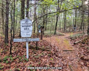 Trailhead sign for Hoverter and Sholl Box Huckleberry Natural Area along a forest path in Tuscarora State Forest Perry County Pennsylvania.