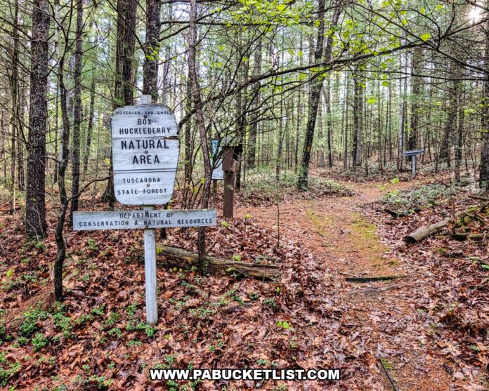 Trailhead sign for Hoverter and Sholl Box Huckleberry Natural Area along a forest path in Tuscarora State Forest Perry County Pennsylvania.