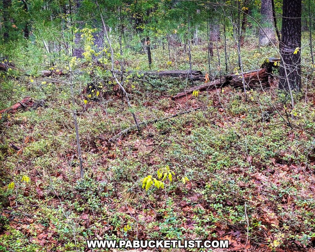 Wide view of box huckleberry colony covering forest floor at Hoverter and Sholl Box Huckleberry Natural Area in Perry County Pennsylvania