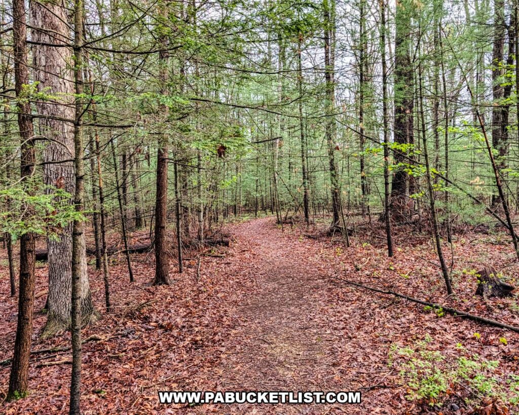 Leaf covered hiking trail winding through wooded forest at Hoverter and Sholl Box Huckleberry Natural Area in Perry County Pennsylvania.