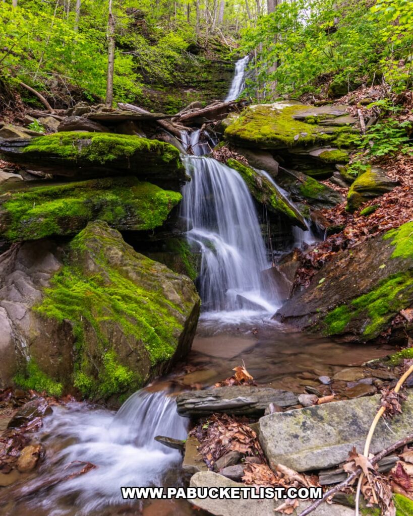 Lower waterfall and moss-covered boulders below Rail Island Run Falls in Tioga County, Pennsylvania.
