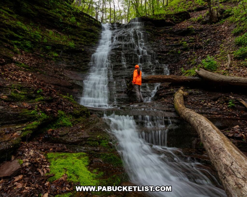 Photographer standing beside Rail Island Run Falls surrounded by moss-covered rocks and spring foliage in Tioga County, Pennsylvania.