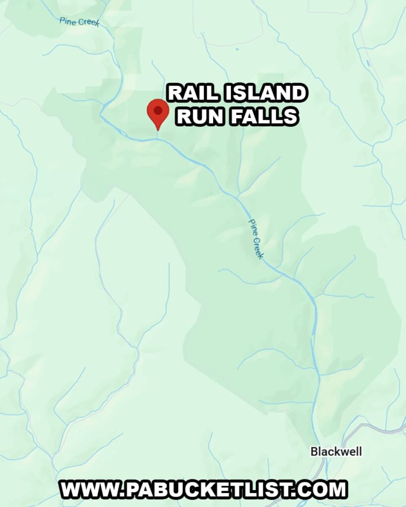 Regional map showing the location of Rail Island Run Falls north of Blackwell along Pine Creek in Tioga County, Pennsylvania.